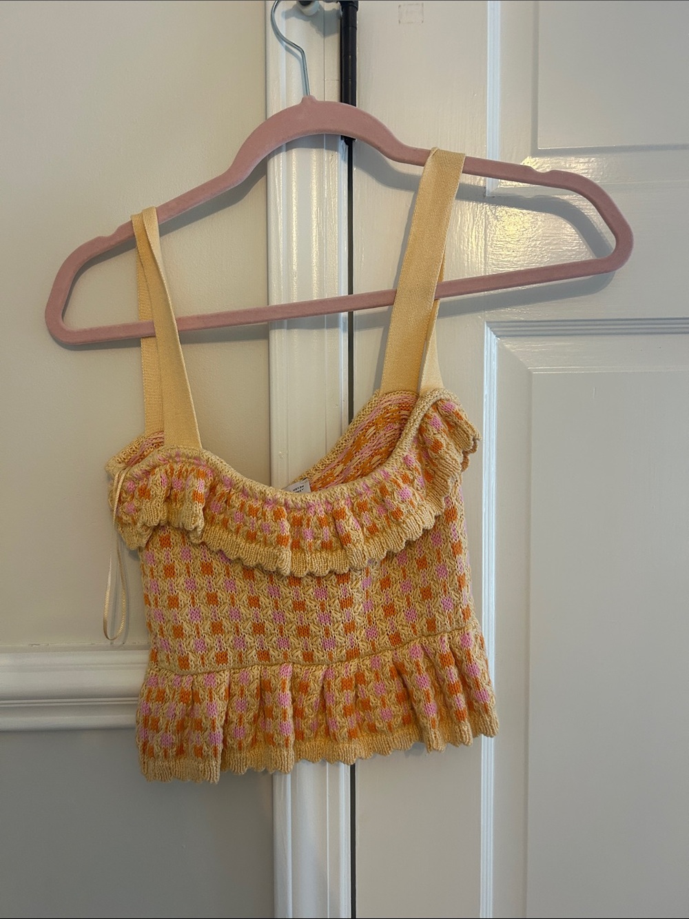 Zara Yellow Pink Knit Ruffled Cropped Tank
